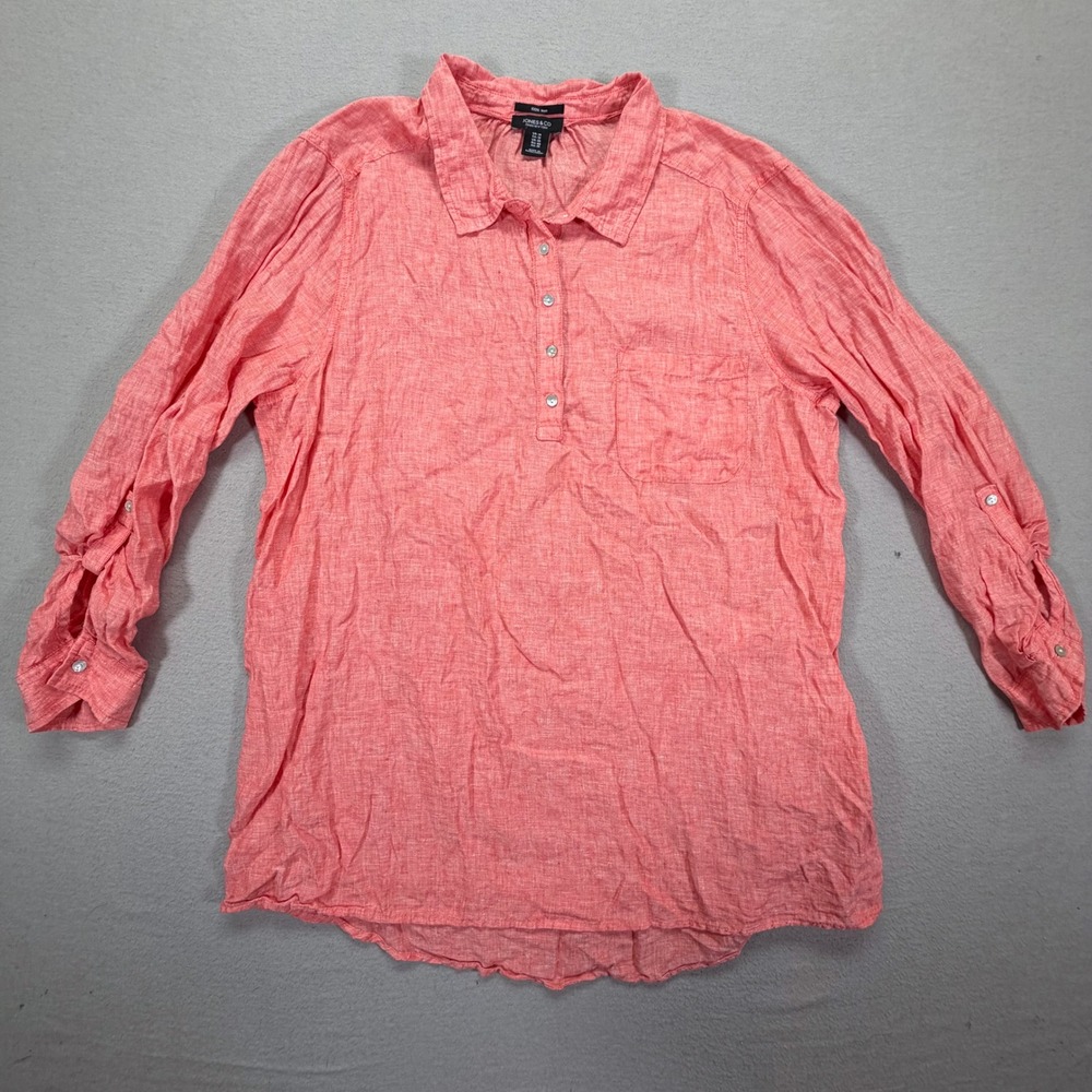 Jones & Co Women Shirt Relaxed Coral Pink 100% Linen Button Tab Tunic 1X